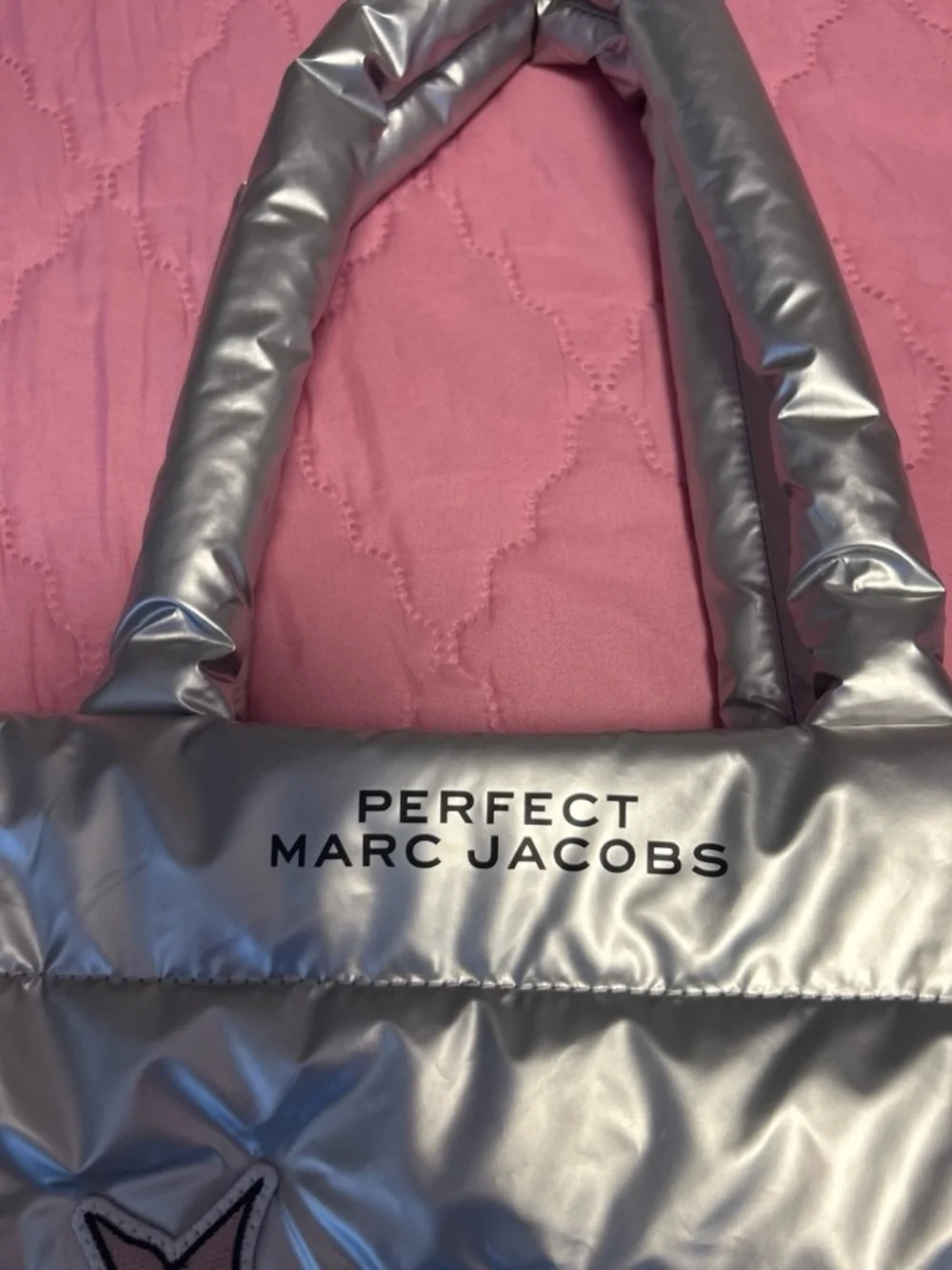 Marc Jacobs Silver Quilted Tote with Green Trim and Patch Accents